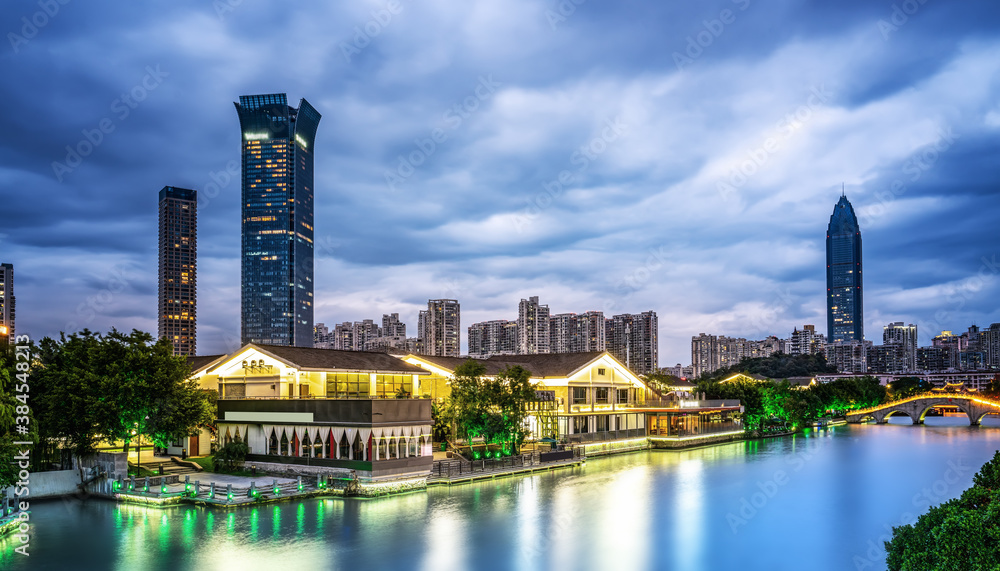 The night view of ancient buildings and modern urban buildings in Nantang Street, Wenzhou