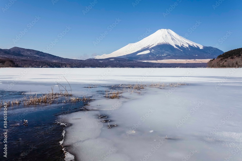 Mount Fuji and Lake Yamanaka when the lake freezes in winter