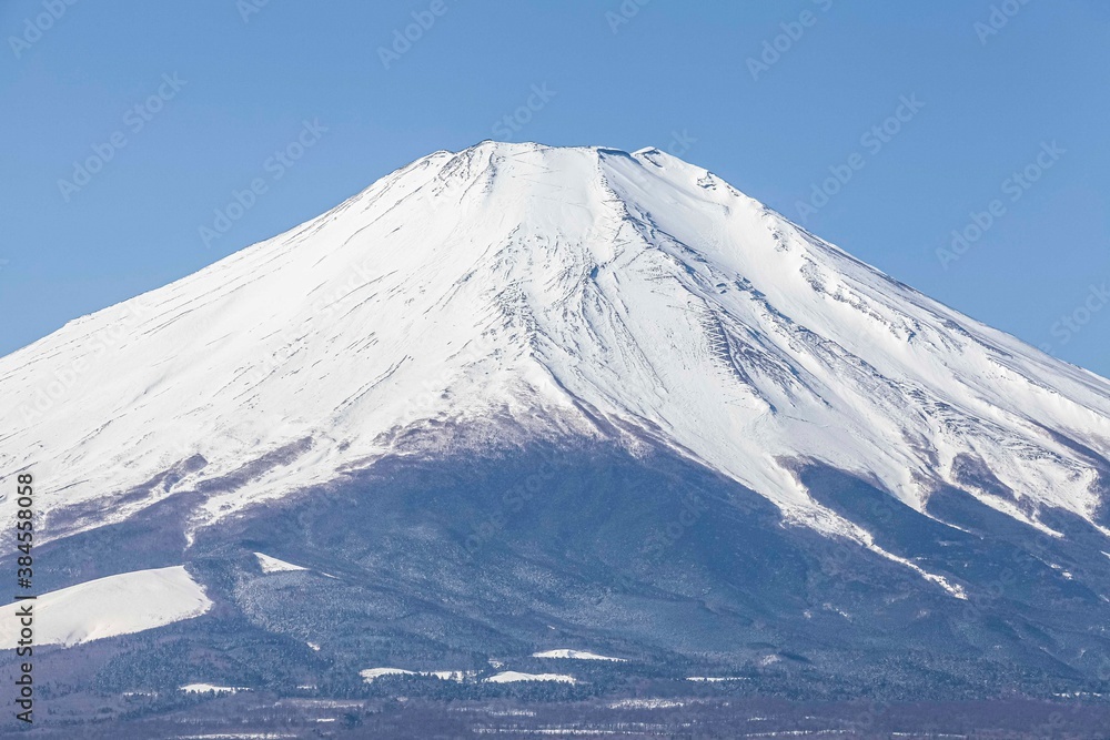 Close up of the snowy peaks of mount fuji in winter