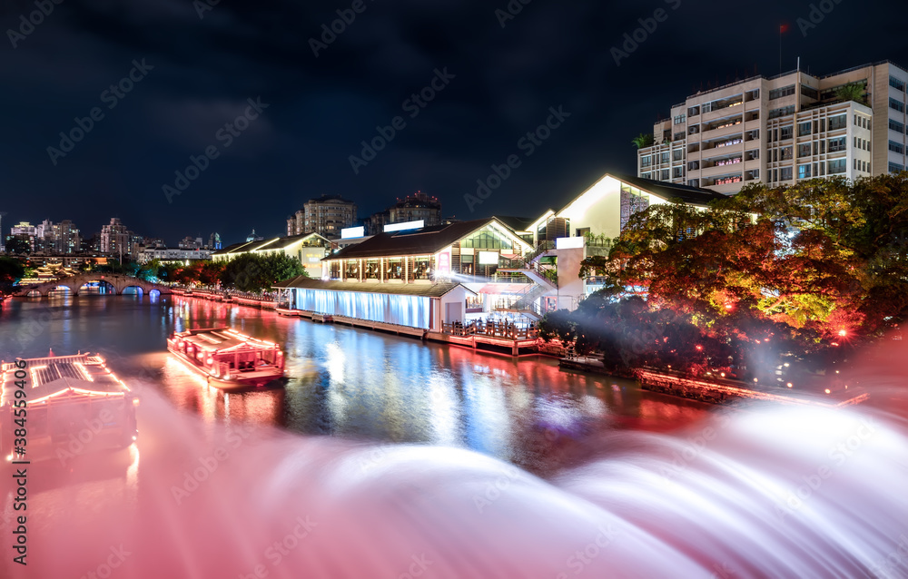 The night view of ancient buildings and modern urban buildings in Nantang Street, Wenzhou