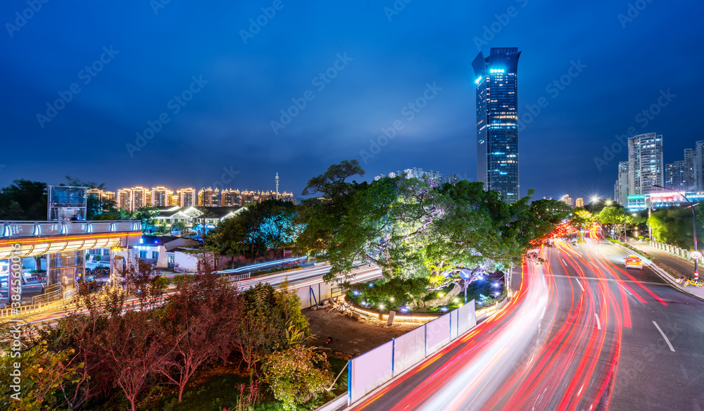 The night view of ancient buildings and modern urban buildings in Nantang Street, Wenzhou