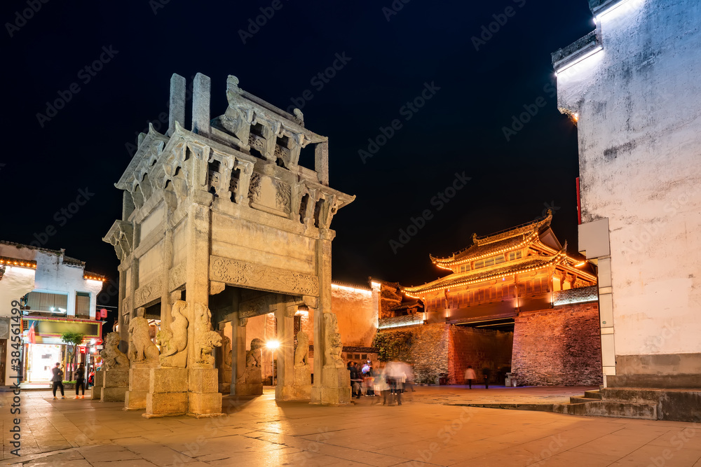 Night view of street buildings in Huizhou ancient city