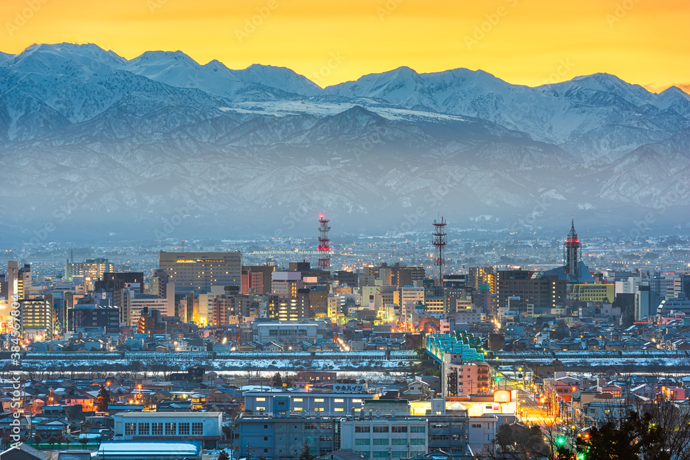 Toyama, Japan Downtown City Skyline with Tateyama Mountain