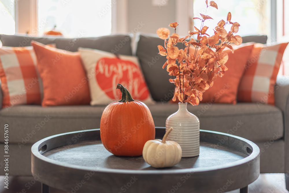 Fall home decor in gray and orange tones