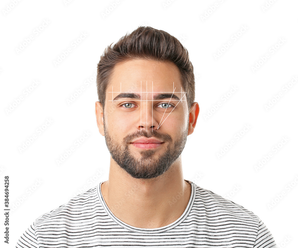 Young man with marking for eyebrow correction on white background