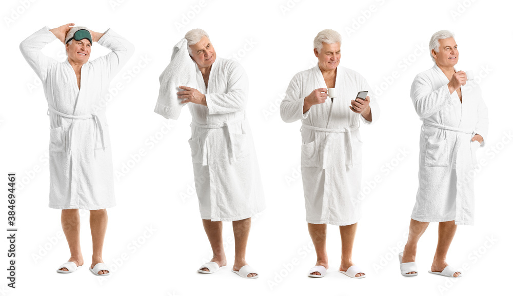 Collage with mature man in bathrobe on white background