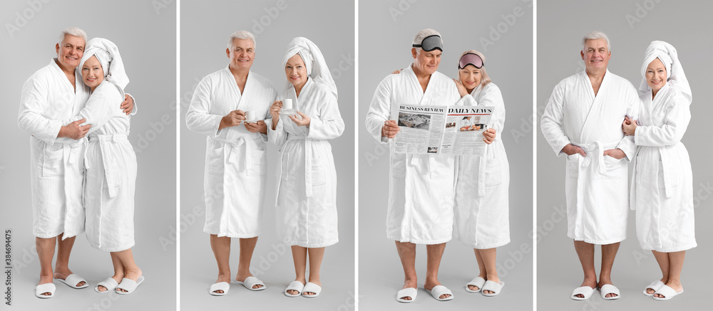 Mature couple in bathrobes on grey background