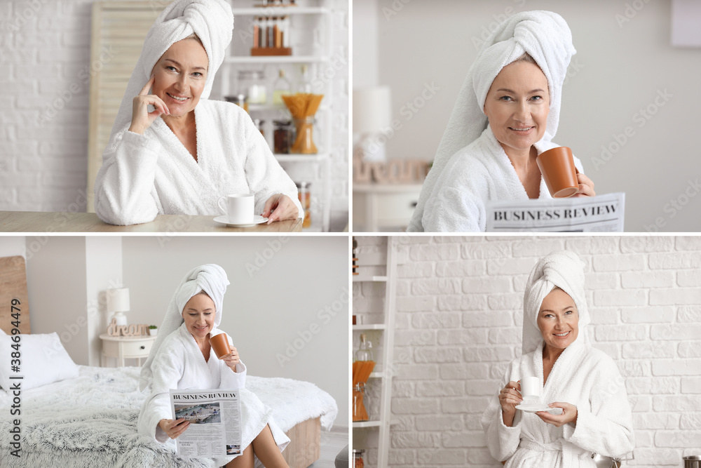 Collage of photos with mature woman in morning at home