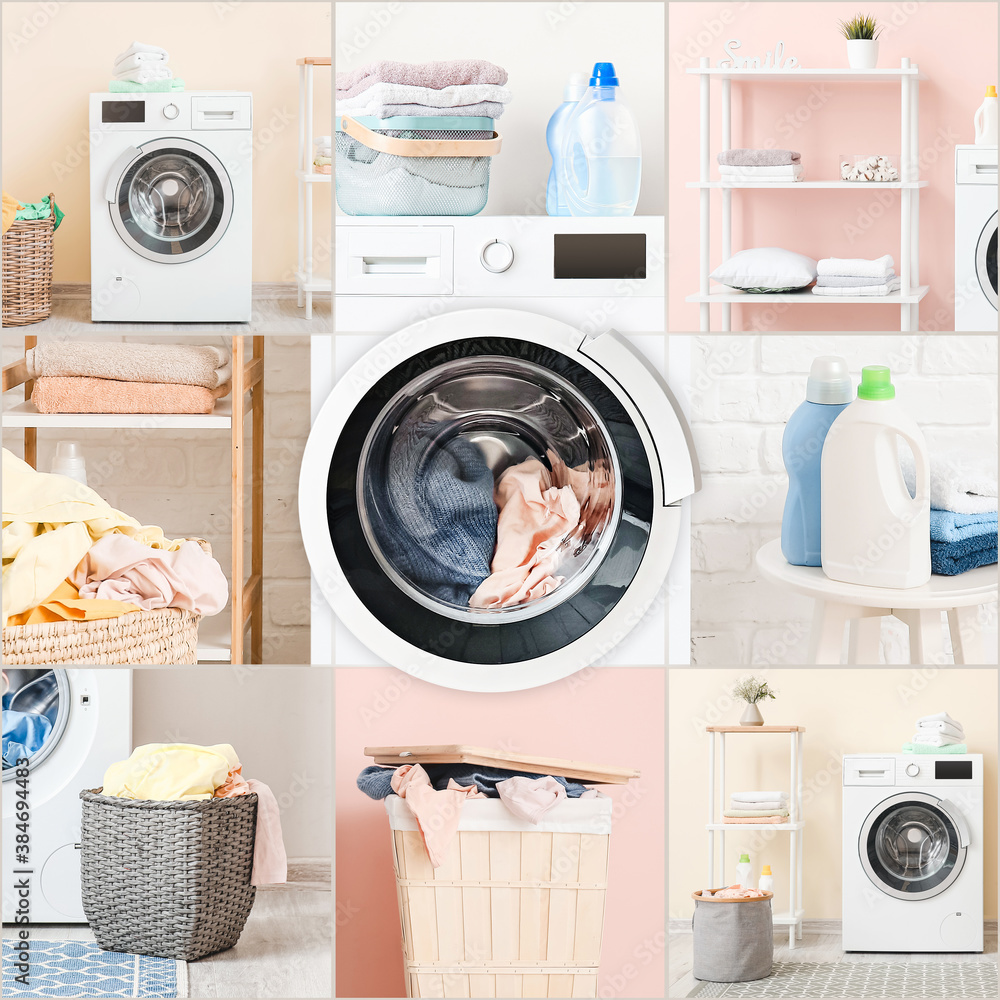 Collage of photos with modern washing machines and laundry baskets