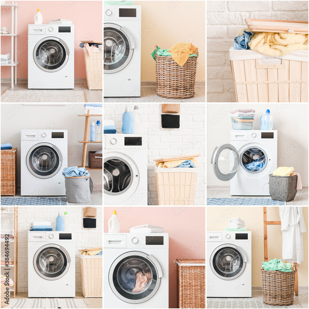 Collage of photos with modern washing machines and laundry baskets