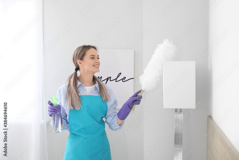 Young woman cleaning her flat