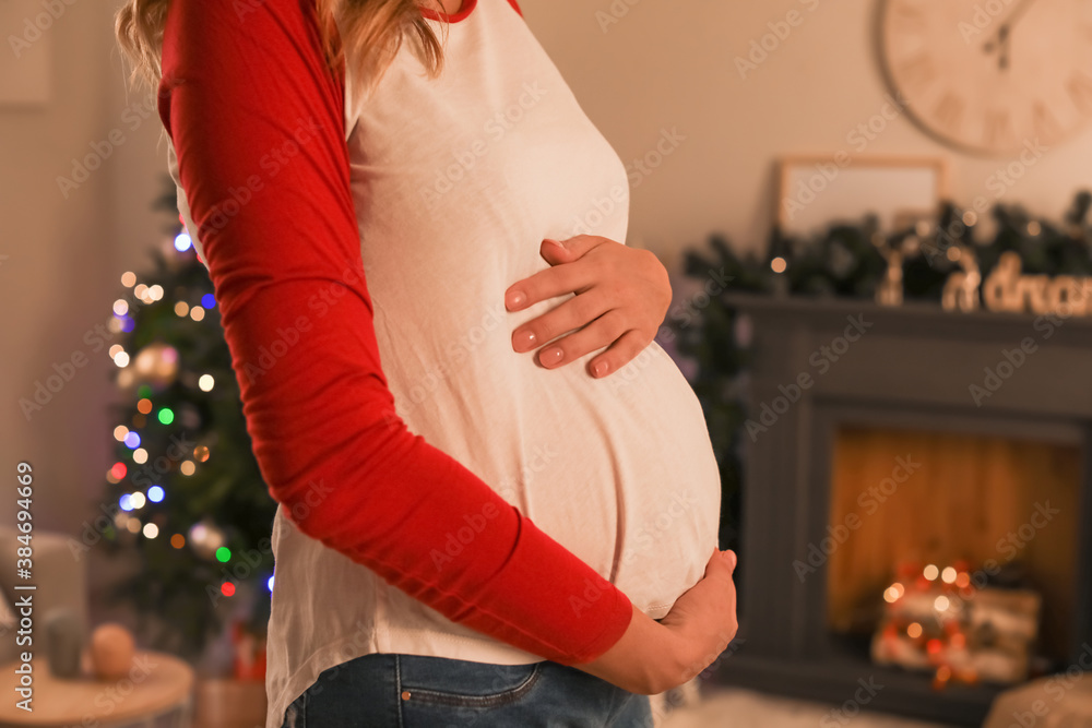 Beautiful pregnant woman at home on Christmas eve