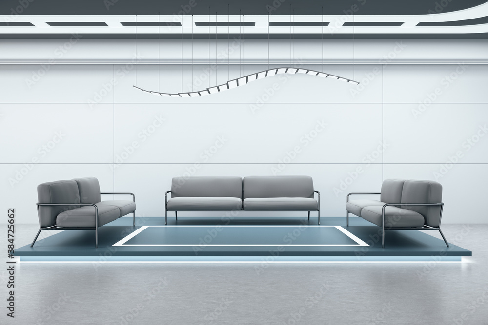 Futuristic waiting room with tree gray sofa.