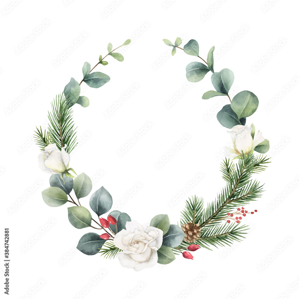 Watercolor vector Christmas wreath with fir branches, flowers and eucalyptus.