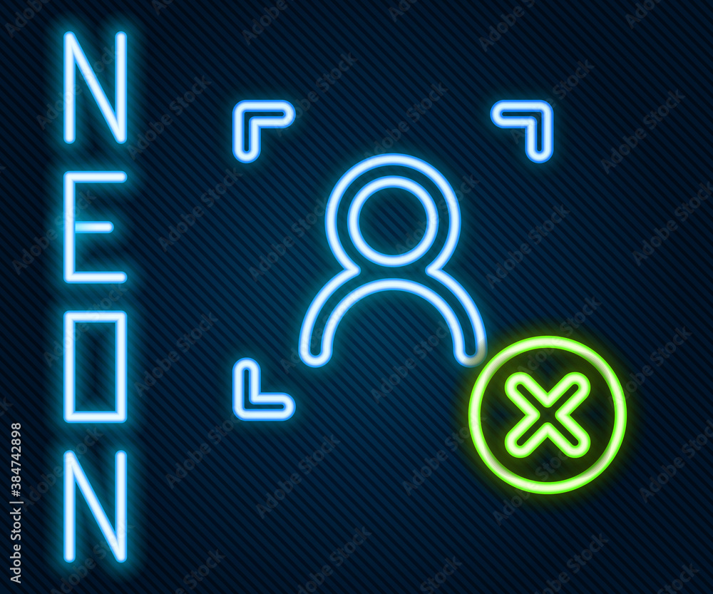 Glowing neon line Rejection face recognition icon isolated on black background. Face identification 