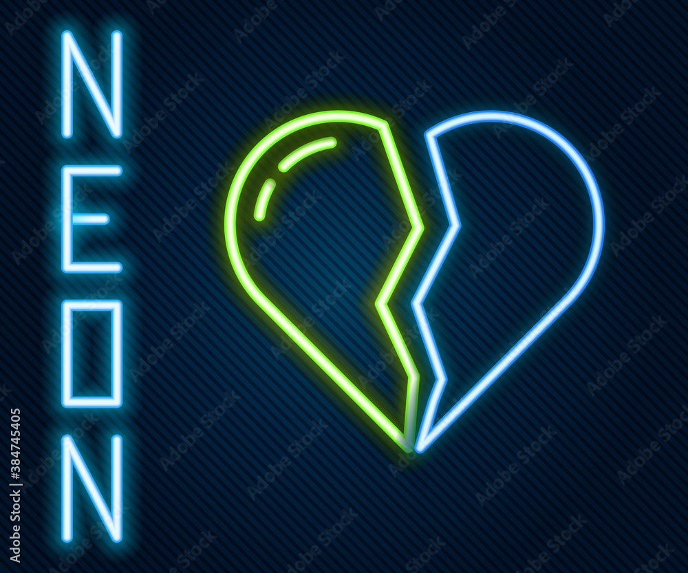 Glowing neon line Broken heart or divorce icon isolated on black background. Love symbol. Valentines