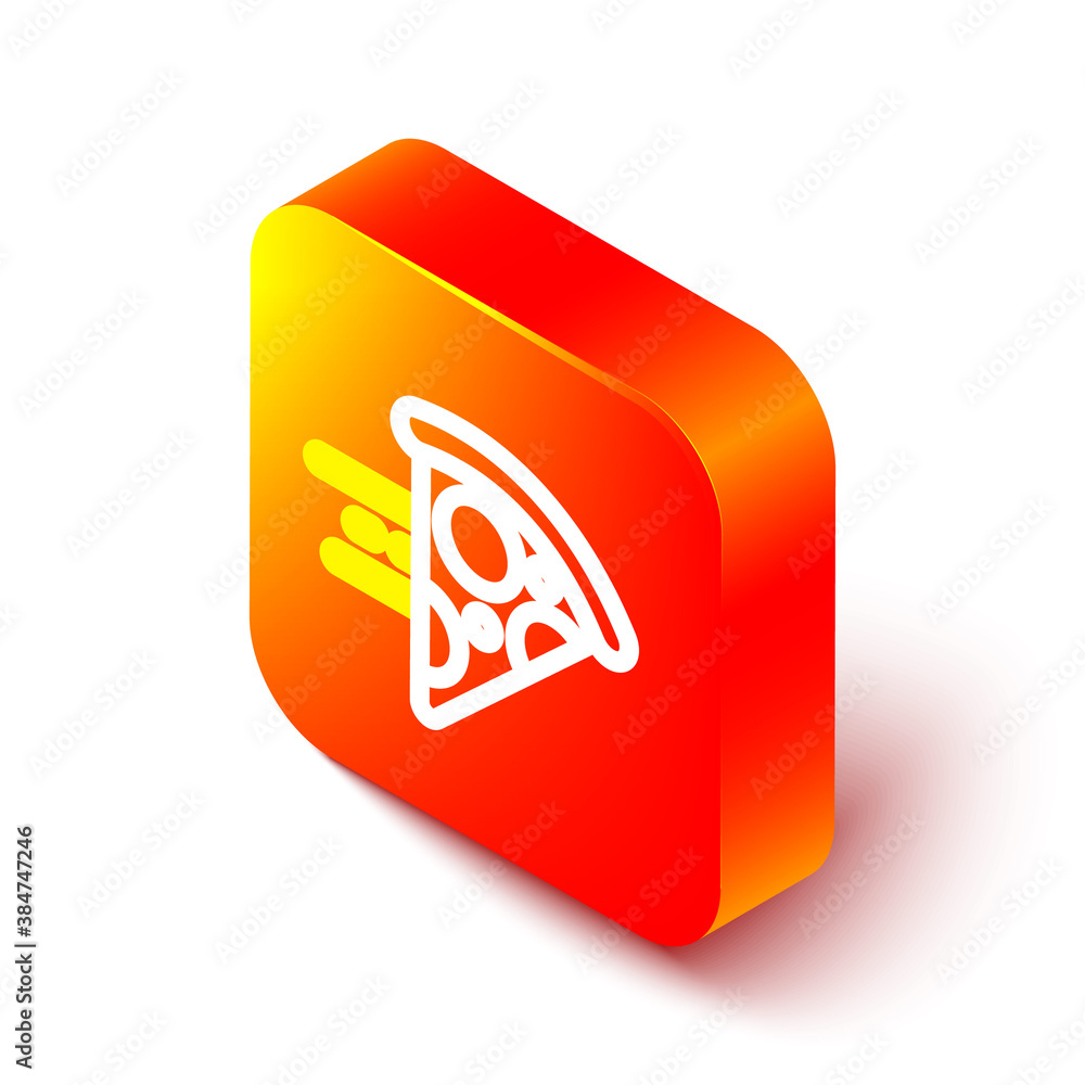 Isometric line Online ordering and fast pizza delivery icon isolated on white background. Orange squ