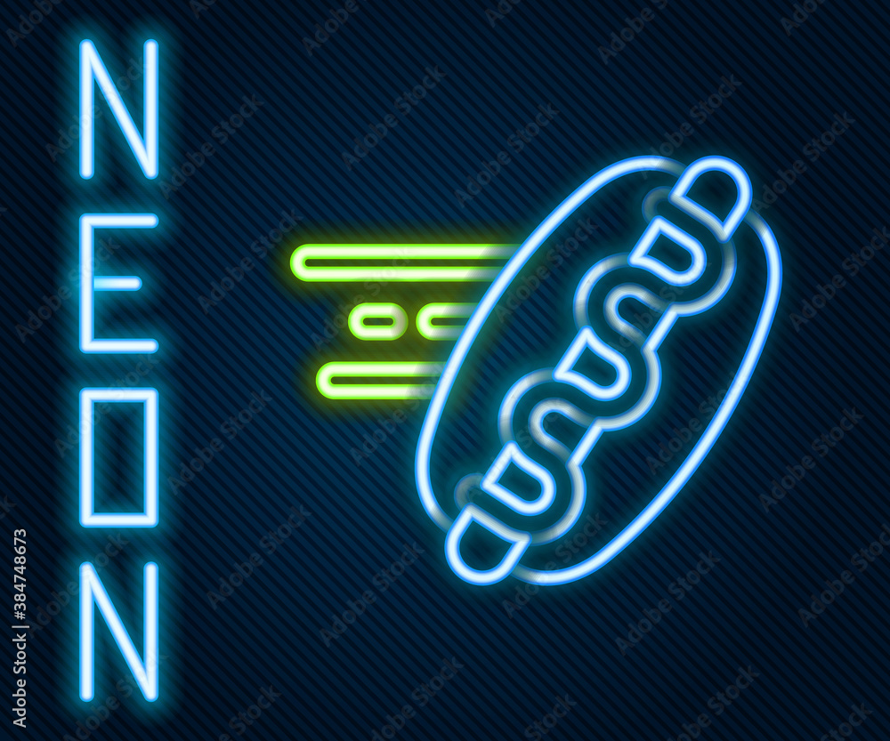 Glowing neon line Online ordering and hotdog sandwich icon isolated on black background. Sausage ico