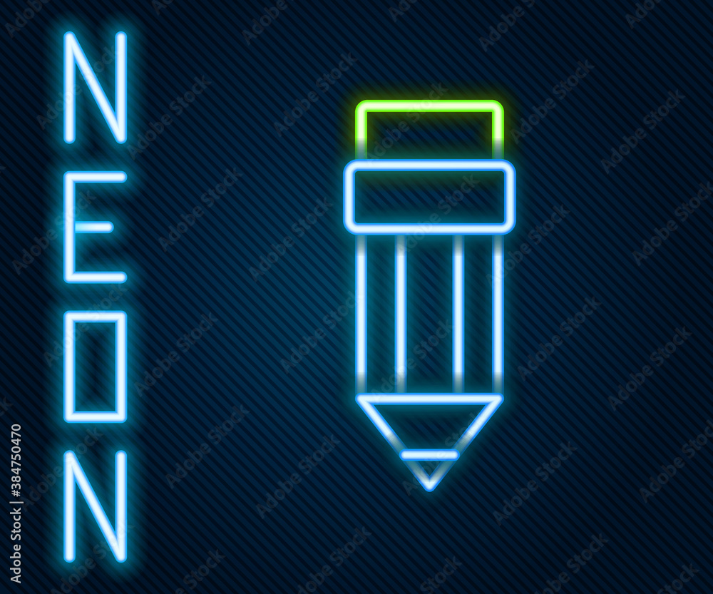 Glowing neon line Pencil with eraser icon isolated on black background. Drawing and educational tool