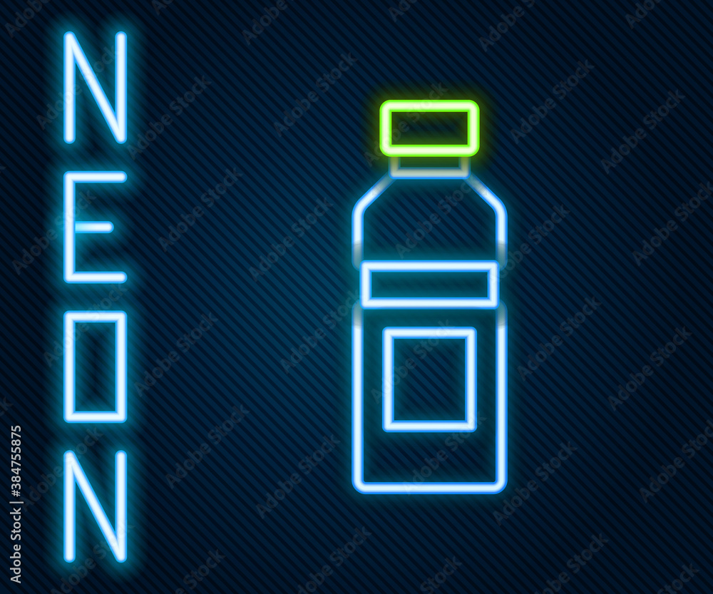 Glowing neon line Bottle of water icon isolated on black background. Soda aqua drink sign. Colorful 