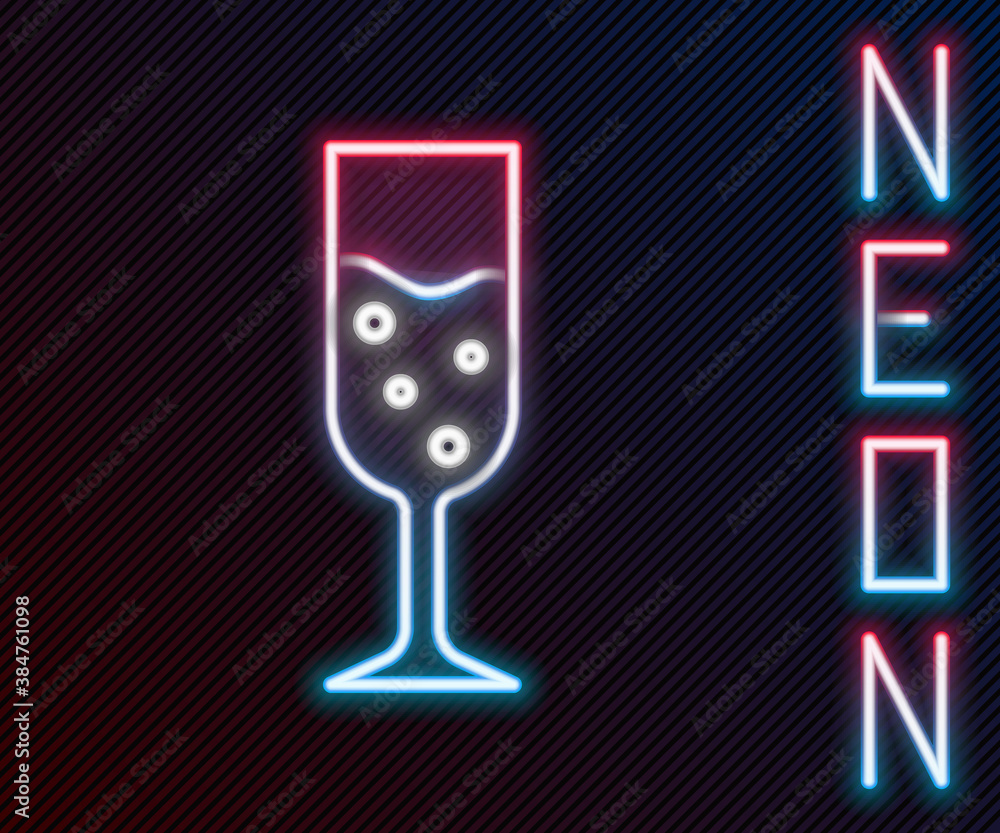 Glowing neon line Glass of champagne icon isolated on black background. Colorful outline concept. Ve