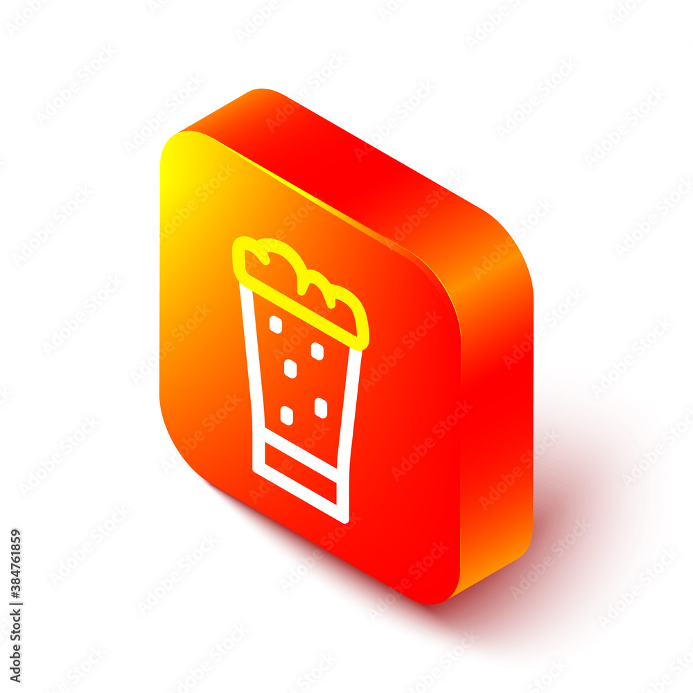 Isometric line Glass of beer icon isolated on white background. Orange square button. Vector.