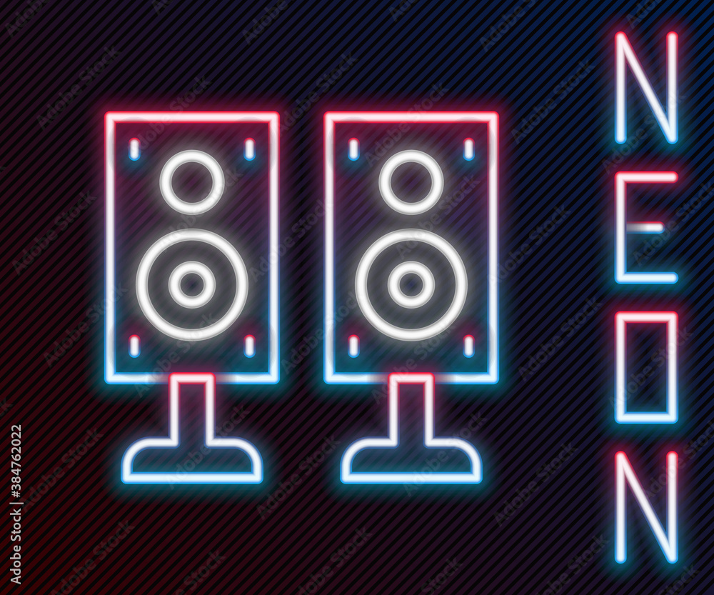 Glowing neon line Stereo speaker icon isolated on black background. Sound system speakers. Music ico