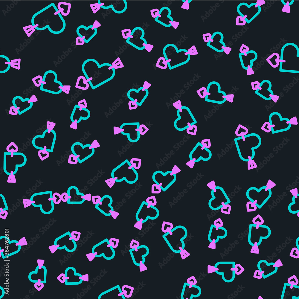 Line Amour symbol with heart and arrow icon isolated seamless pattern on black background. Love sign