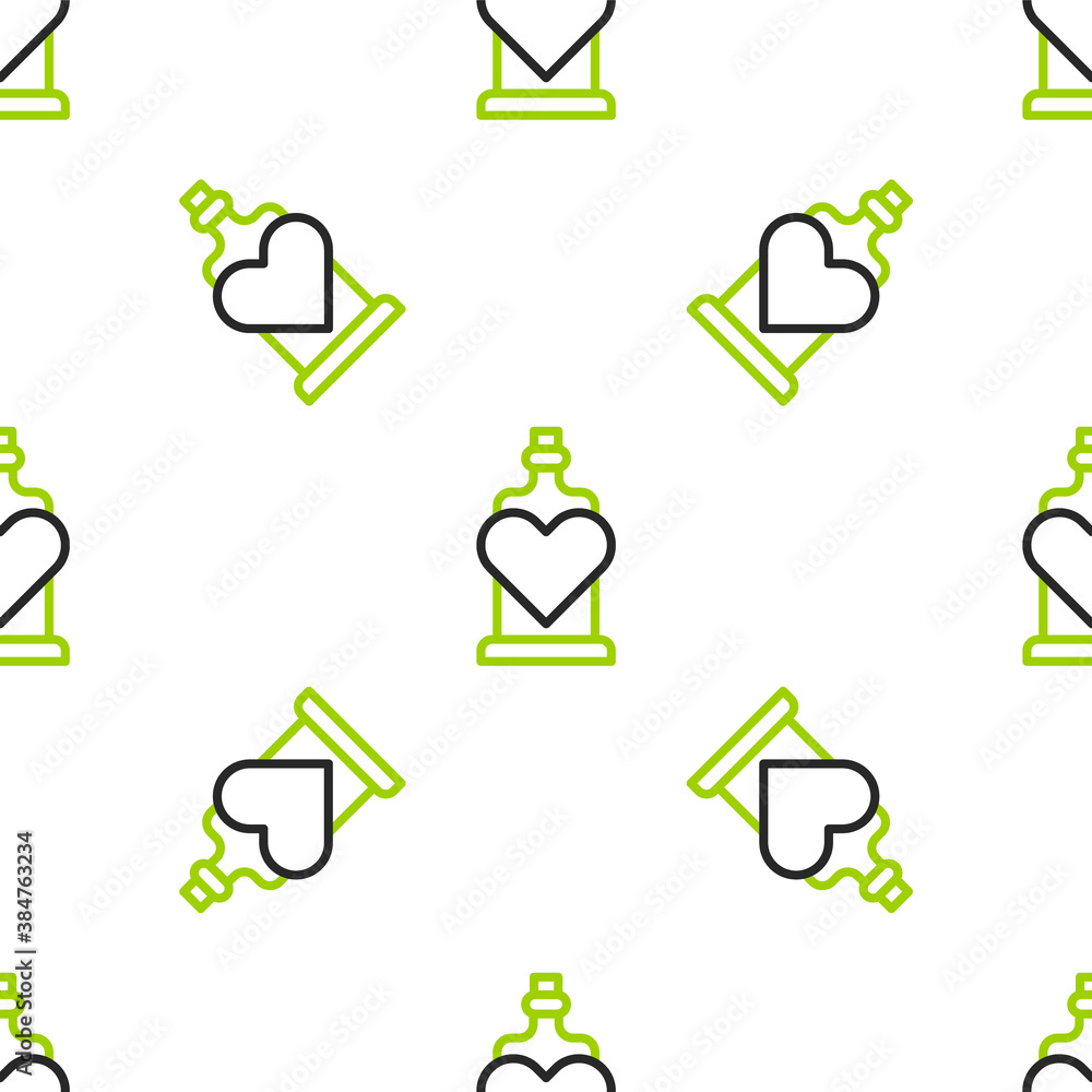 Line Bottle with love potion icon isolated seamless pattern on white background. Valentines day symb