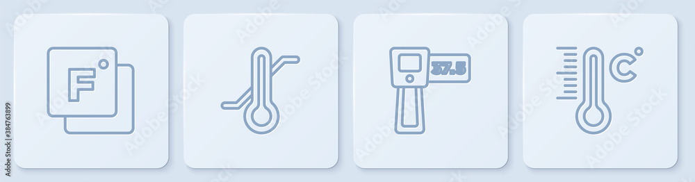 Set line Fahrenheit, Digital thermometer, Meteorology and . White square button. Vector.