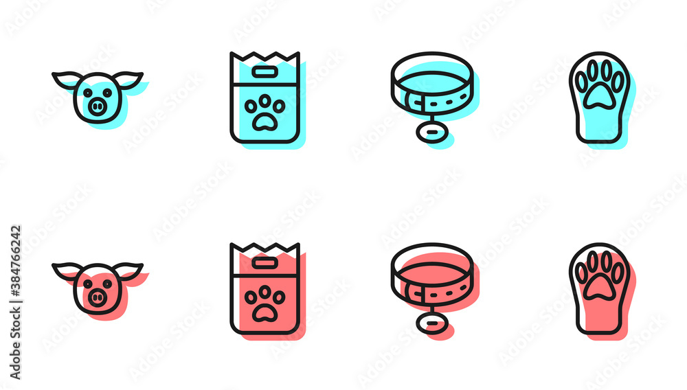 Set line Collar with name tag, Pig, Bag of food and Paw print icon. Vector.