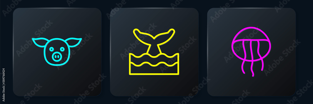 Set line Pig, Jellyfish and Whale tail in ocean wave. Black square button. Vector.