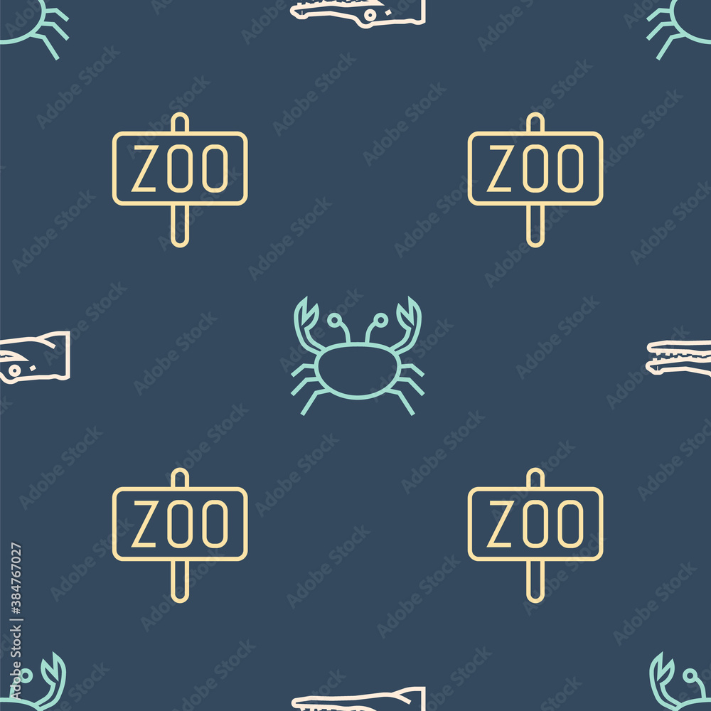 Set line Crocodile, Zoo park and Crab on seamless pattern. Vector.