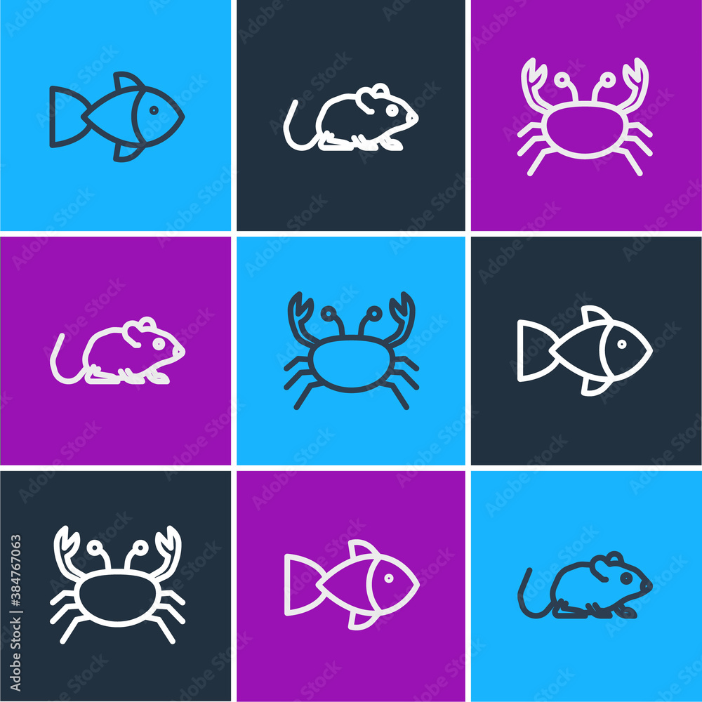 Set line Fish, Crab and Rat icon. Vector.