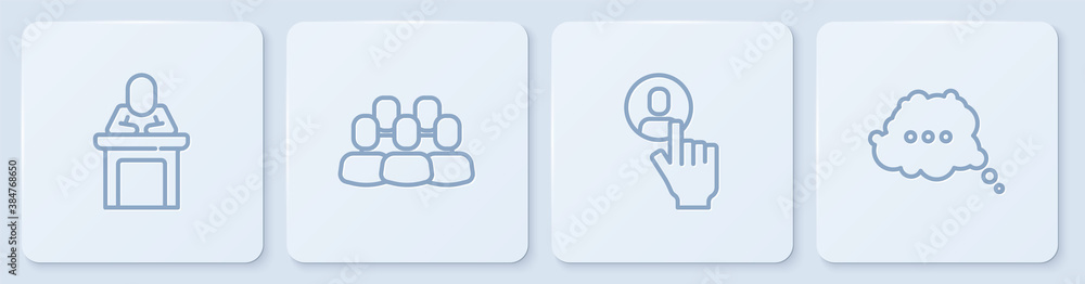 Set line Speaker, Head hunting, Project team base and Speech bubble chat. White square button. Vecto