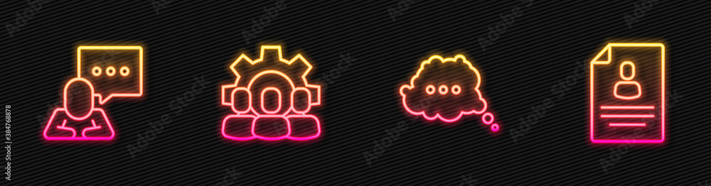 Set line Speech bubble chat, , Project team base and Resume. Glowing neon icon. Vector.