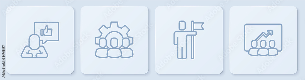 Set line Hand like, Team leader, Project team base and . White square button. Vector.