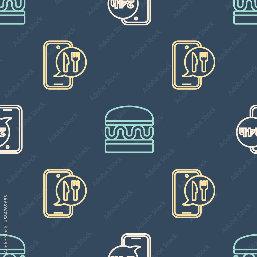 Set line Food ordering, Online and delivery and Burger on seamless pattern. Vector.