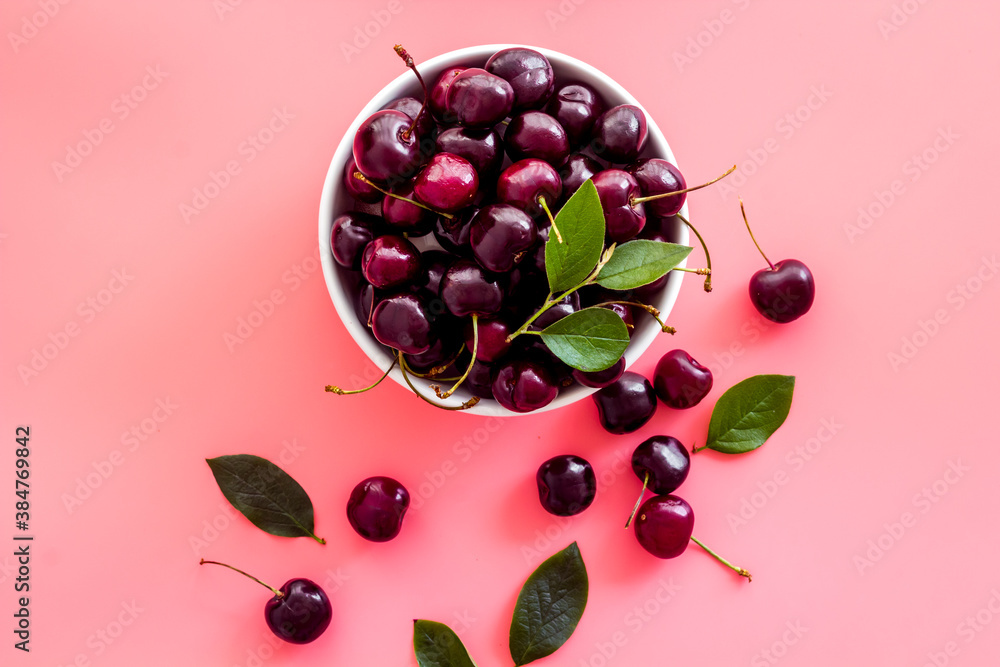 Red sweet cherry texture or wallpaper. Flat lay of berries, top view