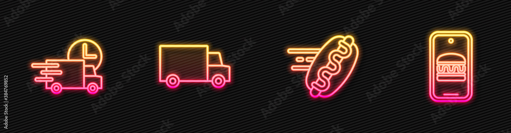 Set line Online ordering hotdog, Fast delivery by car, and and. Glowing neon icon. Vector.