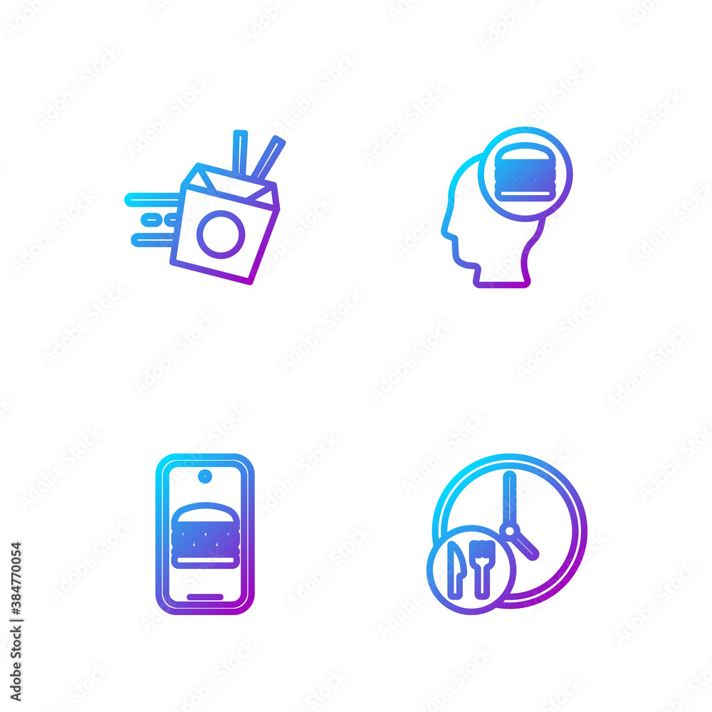 Set line Round the clock delivery, Online ordering and, noodles and . Gradient color icons. Vector.