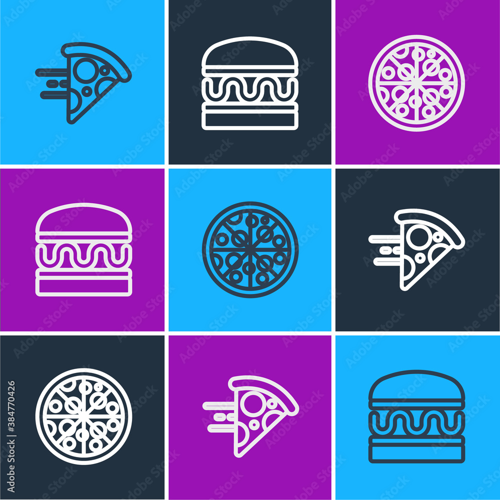 Set line Online ordering pizza delivery, Pizza and Burger icon. Vector.