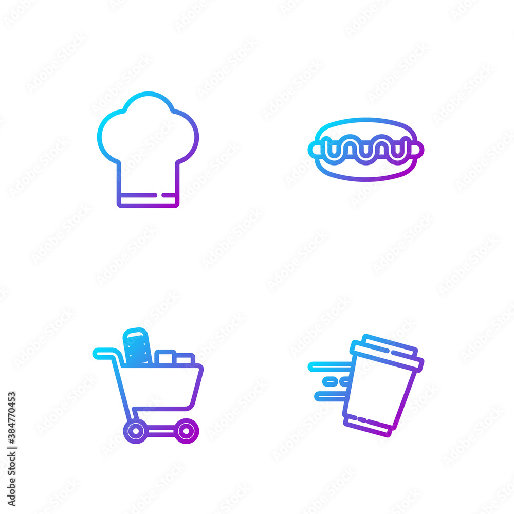 Set line Coffee cup to go, Shopping cart and food, Chef hat and Hotdog sandwich. Gradient color icon