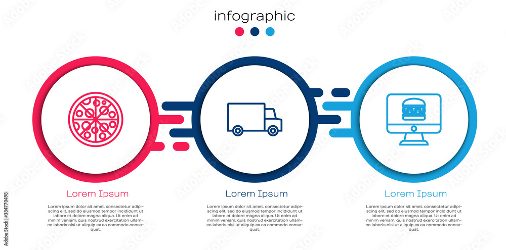 Set line Pizza, Fast delivery by car and Online ordering and. Business infographic template. Vector.