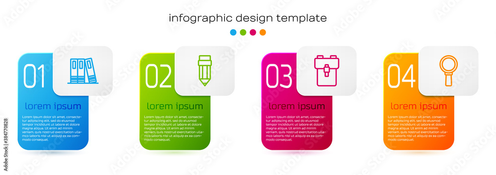 Set line Office folders, Pencil with eraser, School backpack and Magnifying glass. Business infograp