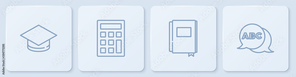 Set line Graduation cap, Book, Calculator and Alphabet. White square button. Vector.