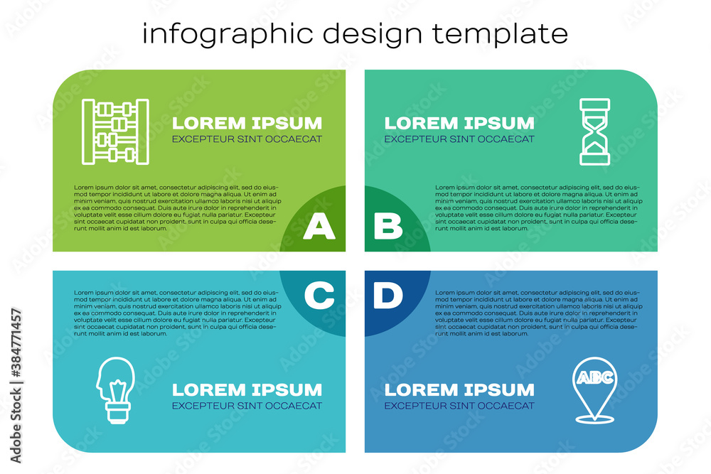 Set line Light bulb with concept of idea, Abacus, Alphabet and Old hourglass sand. Business infograp