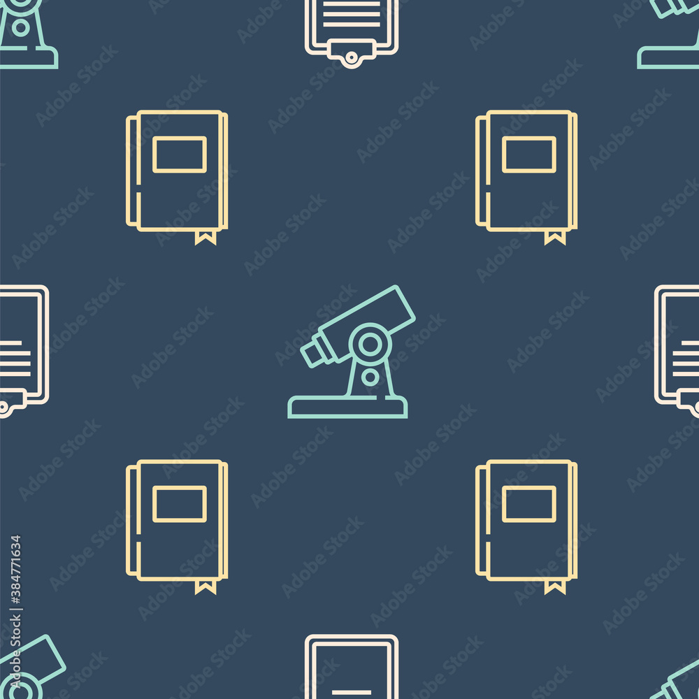 Set line Clipboard with checklist, Book and Microscope on seamless pattern. Vector.