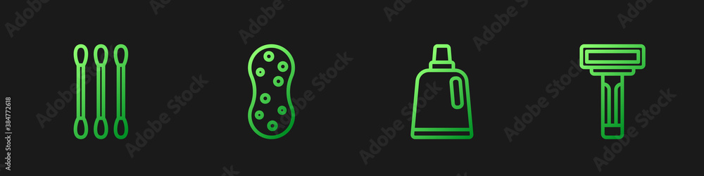 Set line Bottle for cleaning agent, Cotton swab ears, Sponge and Shaving razor. Gradient color icons