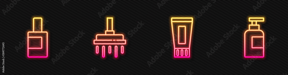 Set line Tube of toothpaste, Bottle for cleaning agent, Shower head and shampoo. Glowing neon icon. 